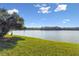 Scenic lake view with lush green grass and a tree under a partly cloudy sky at 256 New River Dr, Poinciana, FL 34759