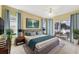 Bedroom with views, calming colors, and a large sliding glass door out to the screened patio at 256 New River Dr, Poinciana, FL 34759