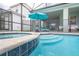 Inviting pool and spa with covered patio and lounge chairs at 1829 Tropical Palms Cir Cir, Kissimmee, FL 34747