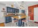 A beautiful kitchen with a wooden countertop island, stylish blue cabinets, and a red accent wall at 306 Boger N Blvd, Lakeland, FL 33803