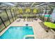 Large screened-in pool area with lounge chairs and ping pong at 8162 Valhalla Ter, Reunion, FL 34747