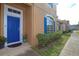 Blue front door entryway with potted plants and stone accents at 1933 Island Walk Dr, Orlando, FL 32824
