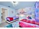 Two twin beds in a Frozen-themed bedroom with mural and themed bedding at 9194 Sommerset Hills Dr, Davenport, FL 33896