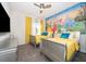 Charming bedroom with two twin beds, yellow curtains, and a princess mural at 2746 Bookmark Dr, Kissimmee, FL 34746