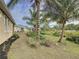 Spacious backyard with lush tropical landscaping, trees, and lawn at 6826 Goldflower Ave, Harmony, FL 34773