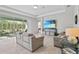 Spacious living room with gray sofas, large TV, and sliding glass doors to patio at 8870 Backspin Ln, Champions Gate, FL 33896