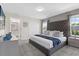 Main bedroom with king bed, tufted headboard, and ensuite bathroom access at 4818 Memories Ln, Kissimmee, FL 34746