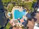 Overhead view of the community pool with lounge seating, umbrellas, spa and lush landscaping at 605 Cantabria Dr, Davenport, FL 33837