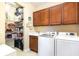 This laundry room has a utility sink, storage cabinets, and shelving at 605 Cantabria Dr, Davenport, FL 33837