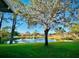 Expansive backyard view featuring a tranquil pond with a fountain and a well-manicured lawn at 2949 Zaharias Dr, Orlando, FL 32837