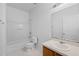 Clean bathroom with a single sink vanity and bathtub shower combo at 319 Sand Ridge Dr, Davenport, FL 33896