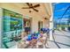 Covered patio with dining table and access to pool at 5192 Oakbourne Ave, Davenport, FL 33837