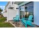 Private patio with teal chairs and sliding glass door at 3065 Caribbean Soul Dr, Kissimmee, FL 34747