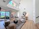 Bright living room boasts high ceilings and a view of the outdoor living space at 3841 Golden Knot Dr, Kissimmee, FL 34746