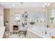 Elegant bathroom with a soaking tub, glass block window, and stylish decor, creating a relaxing oasis at 1150 Eden Dr, St Cloud, FL 34771