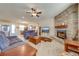 Spacious living room with a cozy stone fireplace and hardwood floors at 3449 N Canoe Creek Rd, Kenansville, FL 34739