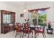 Inviting dining room with a wooden table, chairs, china cabinet, and a window with decorative valance at 663 Shorehaven Dr, Poinciana, FL 34759