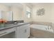 Bathroom with soaking tub, gray vanity, and white cabinets at 771 Drop Shot Dr, Davenport, FL 33896