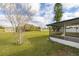 Expansive backyard featuring a serene pond view and a screened-in patio perfect for outdoor relaxation at 83 Alameda Dr, Kissimmee, FL 34743