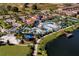 Aerial view of community pool, lake, and residential homes at 8886 Geneve Ct, Kissimmee, FL 34747