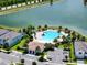Aerial view of community pool and clubhouse near lake at 8886 Geneve Ct, Kissimmee, FL 34747