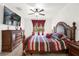 Main bedroom with king bed, red and gray bedding, and large window at 3027 Serendipity Way, Davenport, FL 33896