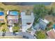 Overhead view of a home with a pool, well-maintained yard, and close proximity to a lake at 1410 Rena Ln, Kissimmee, FL 34744