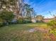 A lush green backyard with a wooden fence, mature trees and a shed for storing yard equipment at 206 Memphis Pl, St Cloud, FL 34769