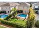 Aerial view of backyard with in-ground pool and spa at 561 Lasso Dr, Kissimmee, FL 34747
