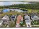 An aerial view of several homes, highlighting a pool and lake nearby at 3329 Schoolhouse Rd, Harmony, FL 34773