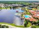 Scenic aerial view showing the community pool, lake, and surrounding neighborhood with mature trees at 142 Magellan Ct, Davenport, FL 33837