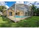 Exterior view of the screen-enclosed backyard pool, with a well-maintained lawn, offering an oasis of outdoor leisure at 3048 Stillwater Dr, Kissimmee, FL 34743