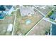 Aerial view of a home with a fenced backyard including an above ground pool, a patio and lush, green grass at 125 Inconnu Ct, Poinciana, FL 34759