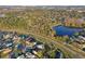 Expansive aerial view of the neighborhood showcasing lush trees and a serene lake at 4919 Dunmore Ln, Kissimmee, FL 34746