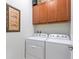 Functional laundry area with a washer and dryer set and overhead cabinets at 507 Pamplona Pl, Davenport, FL 33837