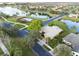 Beautiful aerial view of a neighborhood featuring homes, a lake, a community pool, mature trees, and meticulously manicured lawns at 651 Glendora Rd, Kissimmee, FL 34759