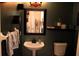 Stylish bathroom featuring dark green walls, a pedestal sink, and a decorative mirror at 7670 Milano Dr, Orlando, FL 32835