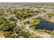 Scenic aerial view showcasing homes nestled around a tranquil lake, emphasizing a peaceful neighborhood setting at 1062 Hidden Dr, Lakeland, FL 33809