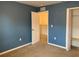 Blue bedroom with carpet, walk-in closet, and door, offering ample storage and natural light at 3742 Maidencain St, Clermont, FL 34714