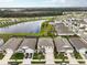 Aerial view of homes with a pond, showcasing the community layout and driveway parking at 6808 Cranes Roost Rd, Harmony, FL 34773