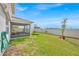 Spacious backyard features green grass, privacy fence, landscaping, and a screened-in patio at 1562 Delightful Dr, Davenport, FL 33896