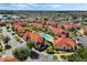 Aerial view of community featuring vibrant townhomes, mature landscaping, and community pool at 1007 Park Ridge Cir, Kissimmee, FL 34746