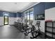 Well-equipped exercise room with cardio machines, blue accent wall, and large windows offering natural light at 6699 Alder Rd, Harmony, FL 34773