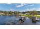 Aerial view of a lakefront community featuring multiple boat docks and boat lifts at 10919 Lakeshore Dr, Clermont, FL 34711