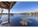 Scenic lake view featuring a covered boat dock and lift, surrounded by beautiful water lilies at 10919 Lakeshore Dr, Clermont, FL 34711