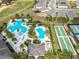 Panoramic aerial view of community pool, tennis courts, golf course, and surrounding neighborhood at 2108 Antilles Club Dr, Kissimmee, FL 34747