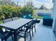 A patio featuring an outdoor table and seating with an above ground pool in the background at 2199 Bluebird Pl, St Cloud, FL 34771