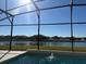 A swimming pool with a screen enclosure overlooks a scenic lake at 2577 Aster Cove Ln, Kissimmee, FL 34758