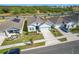 An aerial view of a light blue home with a well-manicured lawn in a residential neighborhood at 281 Piave St, Haines City, FL 33844