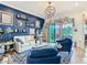 Bright living room with a white sofa, blue decor and a chandelier hanging above a patterned area rug at 484 Villa Park Rd, Kissimmee, FL 34759